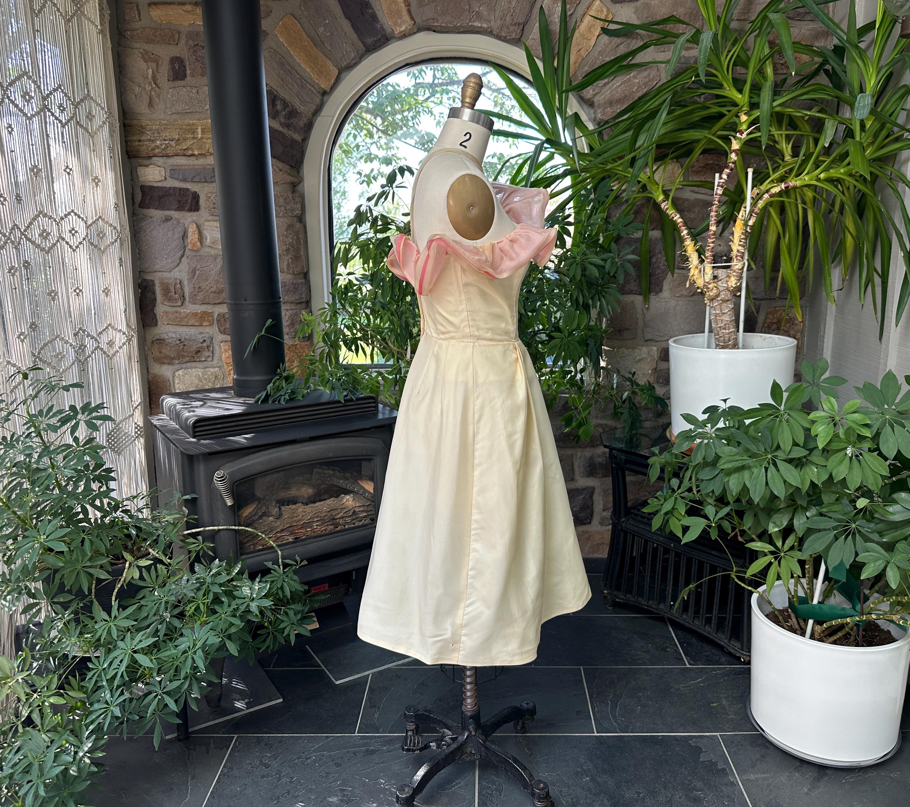 Vintage 1950s Ivory and Pink Silk Organza Off Shoulder Formal Dress Wounded Bird