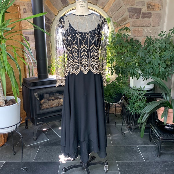 Vintage 1980s Black Crepe Chiffon and Gold Embroidered Asymmetrical Hem Formal Dress Cachet by Bari Protas, Vintage Little Black Dress