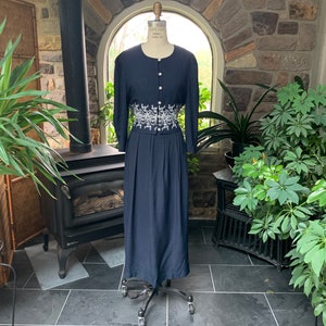 Vintage 1980s Navy Blue and Metallic Silver Embroidered Dress Periwinkle Made in USA, Eighties Fashion