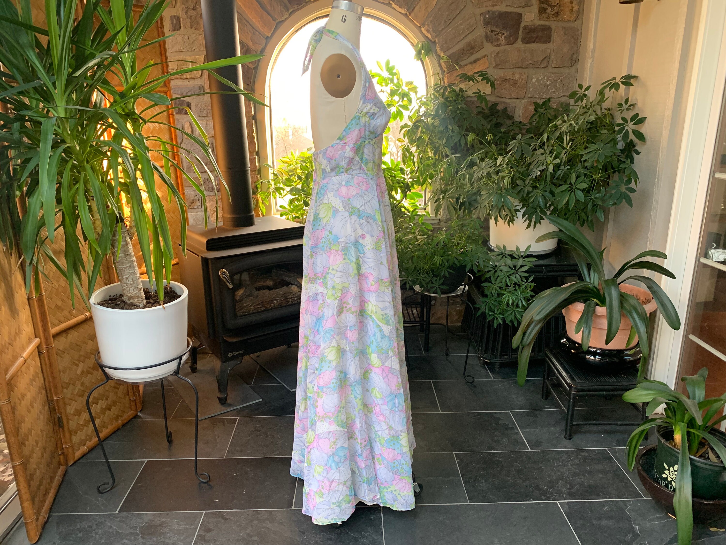 Vintage 1970s Pastel Floral Halter Maxi Dress Arjon
