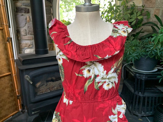 Vintage Young Girls Red Floral Cotton Hawaiian Lu… - image 2