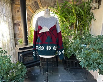 Vintage 1980s Gender Neutral Wool Novelty Sweater Mountains and Snowflakes Sears Roebuck & Co