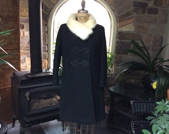 Vintage 1960s Black Wool Coat with Ivory Mink Collar and Studded Frog Medallions, Mod Sixties Coat, 1960s Dress Coat, 1950s Wool Coat