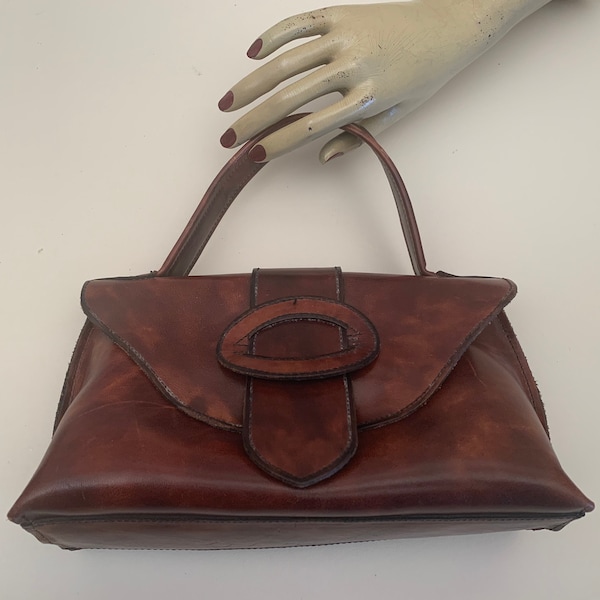 Vintage 1970s Brown Leather Briefcase Style Handbag Made in Italy, Vintage Brown Leather  Top Handle Purse