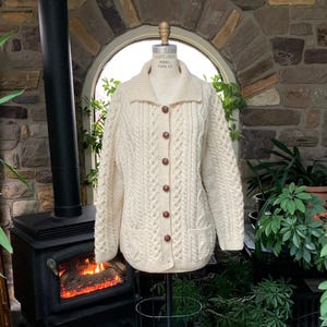Vintage 1970s Heavy Ivory Fisherman Wool Cardigan Sweater, Vintage Seventies Wool Cable Knit Sweater, Bulky Wool Sweater