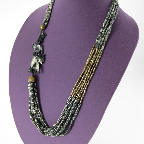 Vintage African-Style Multi-Strand Vintage Beaded Elephant Necklace, Vintage Jewelry, Vintage Beaded Necklace