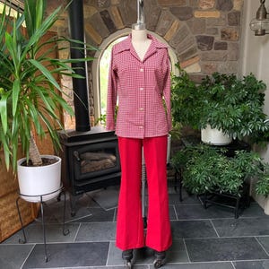 Vintage 1970s 2 Piece Wine and White Double Knit Pants and Jacket Set, Vintage 1970s Clothing, Seventies Stretch Knit Set