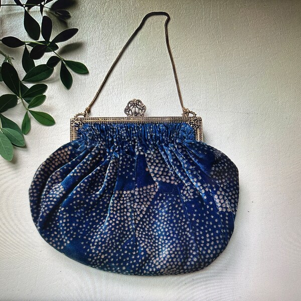 Vintage Blue and Tan Velvet Purse with Gold Jeweled Frame Snake Chain, Vintage Velvet Evening Bag