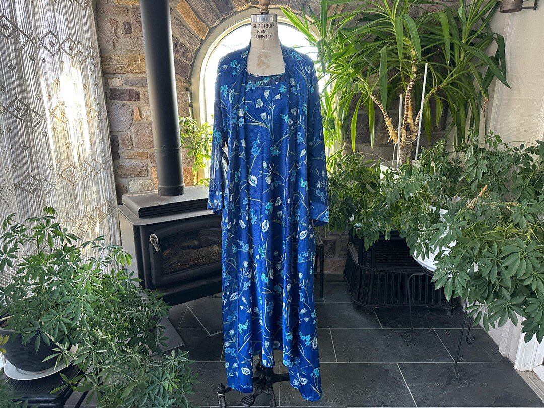 Blue Star Pattern Robe Vintage Blue Satin Floral Robe and Nightgown Set Oscar De La Renta - Etsy