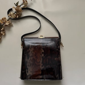 Vintage 1980s Brown Snakeskin Print Patent Leather Purse Rosettia, Vintage Hard Shell Handbag, Vintage Brown Reptile Print Purse