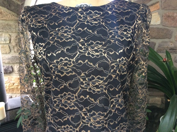 Vintage 1980s Holiday Black Gold Lace Blouse, Vin… - image 2