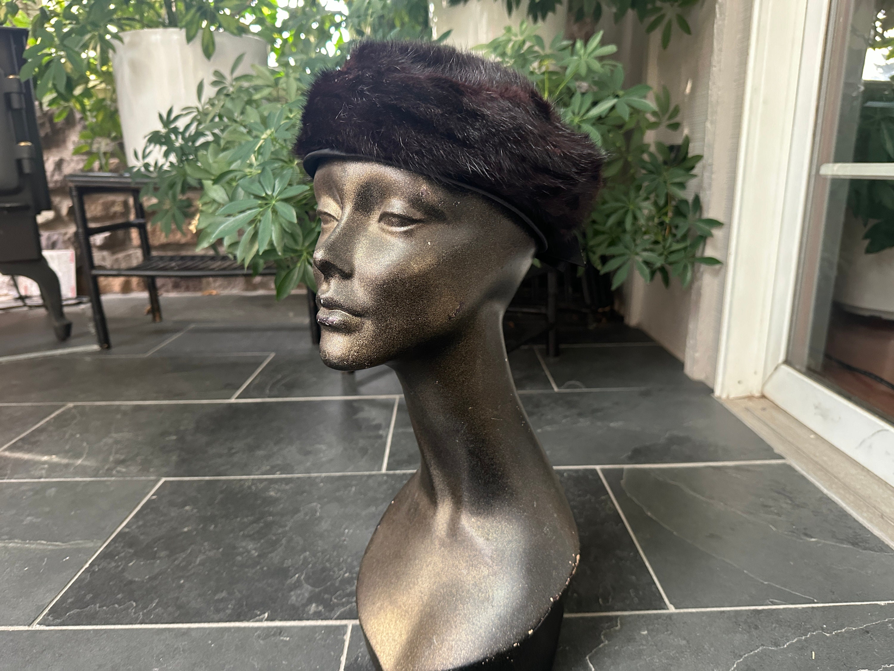 Vintage 1960s Dark Brown Mink Hat Black Satin Band and Bow 