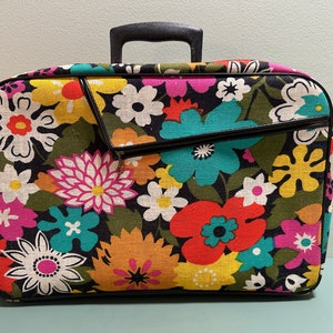 Vintage 1960s Floral Canvas and Vinyl Suitcase Tote, Flower Power Travel Overnight Bag