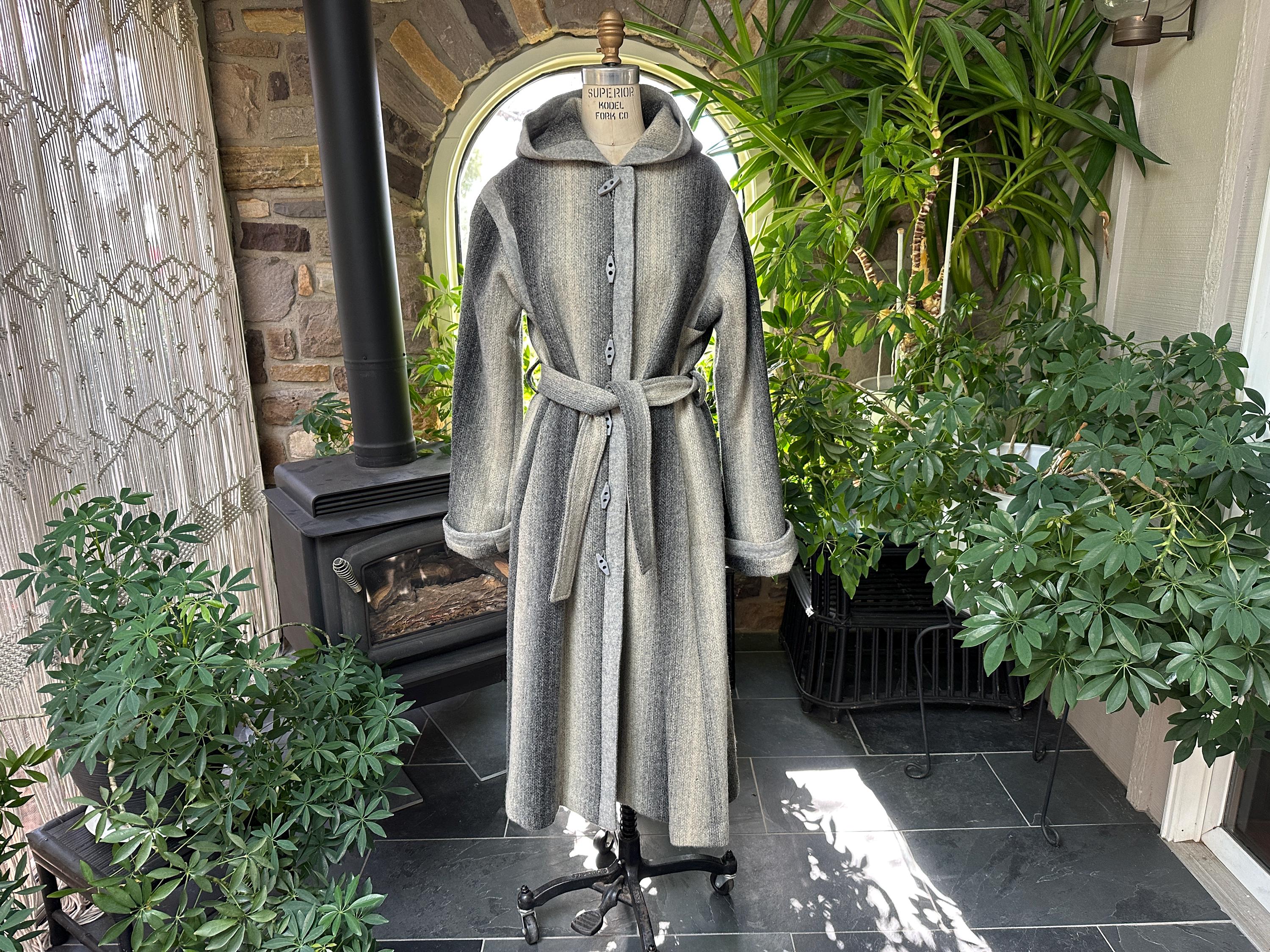 Vintage 1970s Variegated Gray Striped Wool Belted Hooded Coat