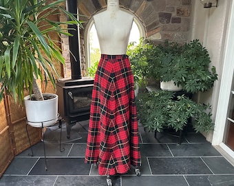 Vintage 1970s Red and Black Plaid Wool A-Line Maxi Skirt Madison Union Label, Vintage Wool Plaid Skirt