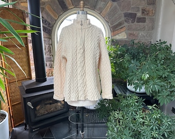 Vintage Ivoire Aran artisanat laine mérinos fermeture éclair cou torsadé pull fabriqué en Irlande, vintage laine torsadé pull