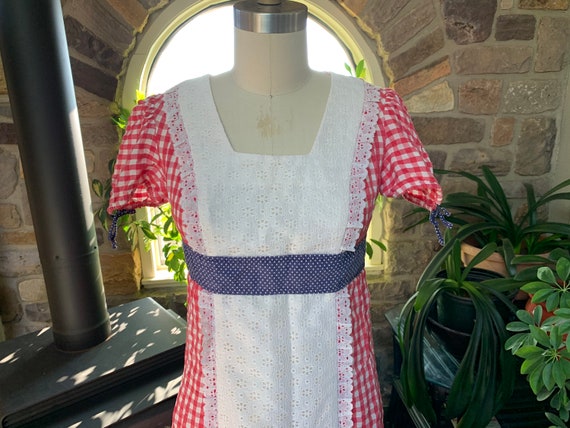 Vintage 1970s Red White Gingham Blue Polka Dot an… - image 2