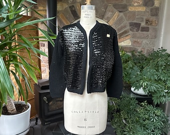 Vintage 1950s Black Sequin Knit Open Front Cardigan Sweater Sally Gee NOS