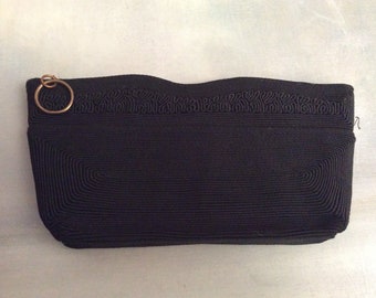 Vintage 1940s Black Cord Cloth Purse, Vintage Corde Clutch, Vintage Evening Bag, Black Cord Handbag