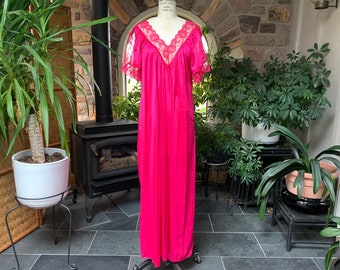 Vintage 1980s Bright Pink Nylon and Lace Full Length Flowing Nightgown, Barbiecore Lingerie, 1980s Nightgown