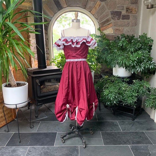 Vintage 1970s Wine Maroon Acetate White Ruffle Off Shoulder Spaghetti Strap Draped Hem Formal Dress, Vintage Seventies Bridesmaid Dress