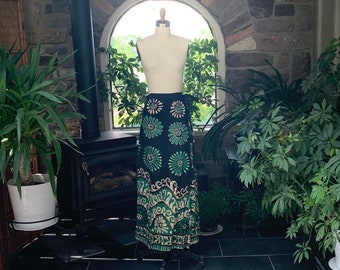 Vintage 1970s Navy Blue Green and Tan Bohemian Maxi Wrap Skirt, Vintage Seventies Abstract Design Cotton Wraparound Skirt