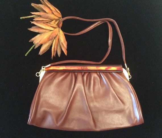 Vintage 1980s Brown Faux Leather Handbag Faux Tor… - image 1