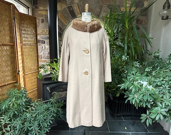 Vintage 1950s Beige Cashmere Coat with Blonde Mink Collar