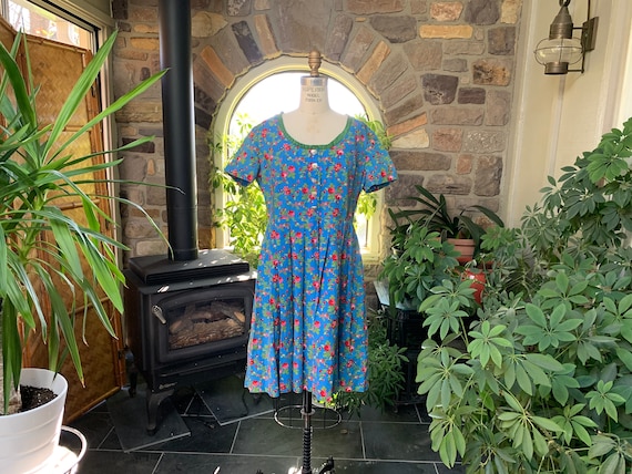 Vintage 1970s Blue and Pink Floral Cotton Summer … - image 1