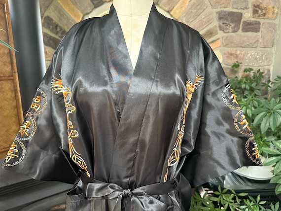 Vintage Chinese Black Satin Golden Dragon Kimono … - image 3