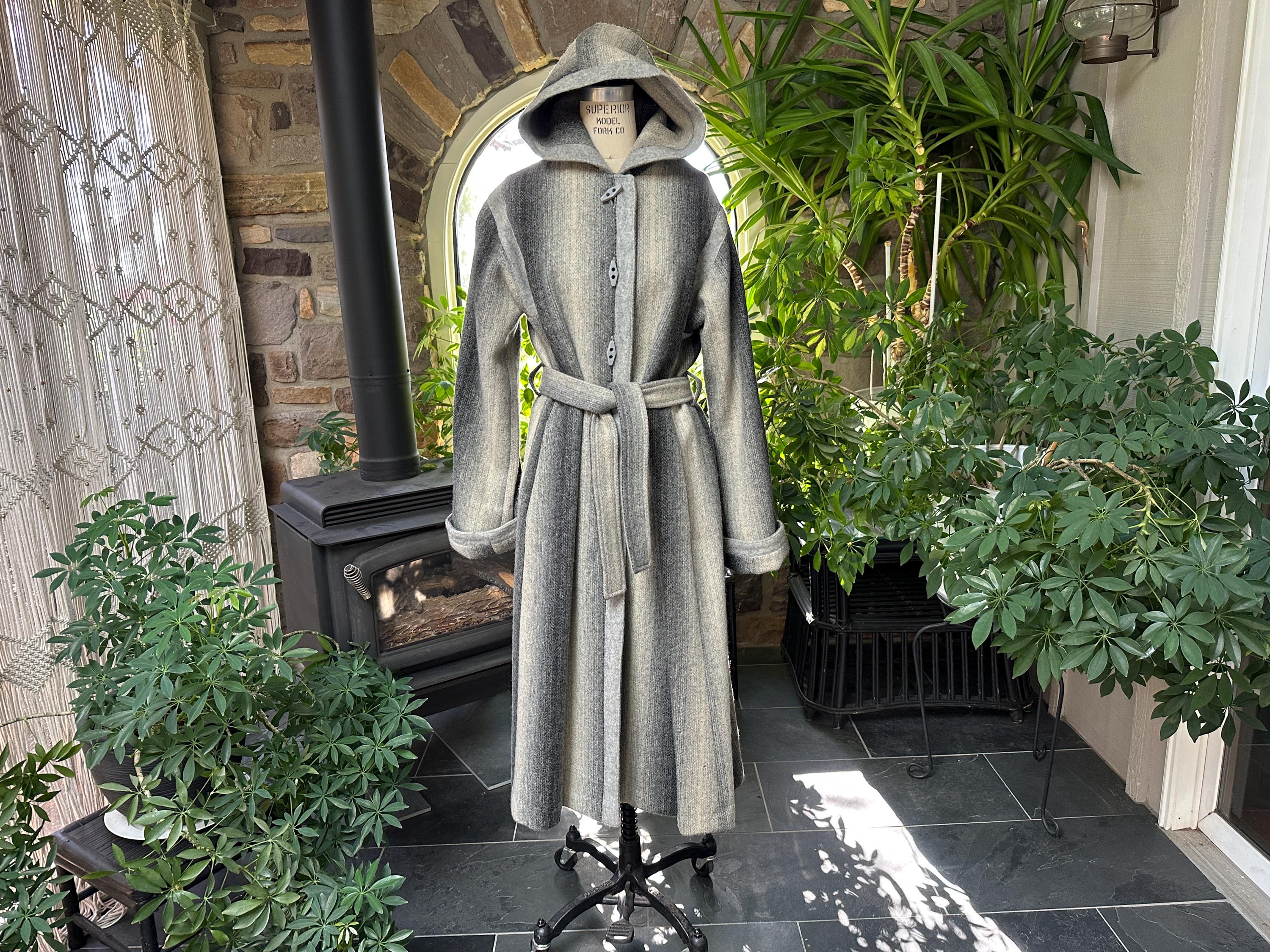 Vintage 1970s Variegated Gray Striped Wool Belted Hooded Coat