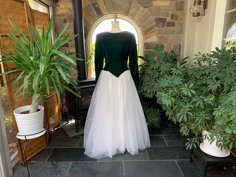 Vintage 1980s Dark Green Velvet White Tulle Formal Dress Open Back Rhinestone Clasp Vintage Eighties Union Label Forest Green Velvet Gown