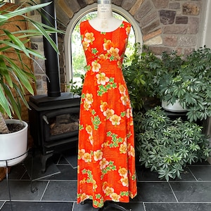 Vintage 1970s Orange Floral Hawaiian Cotton Maxi Dress Royal Hawaiian, Orchid Floral Maxi Dress, Vintage Seventies  Hawaiian Dress