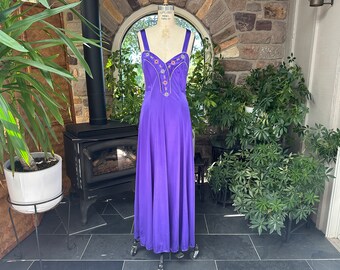 Vintage 1970s Purple Nylon Nightgown with Embroidered Jeweled Bodice Vanity Fair