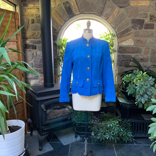 Vintage 1980s Royal Blue Ultra Suede Jacket with Decorative Gold Buttons Gever Originals Beverly Hills, Ultra Suede Fashion