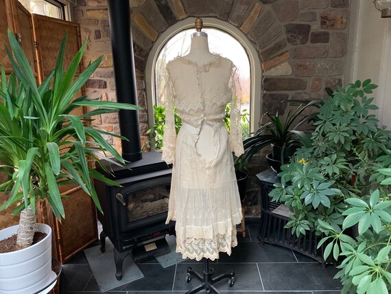 Antique Edwardian Tambour Net Lace Wedding Dress,… - image 6