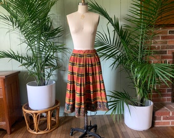 Vintage 1970s Rust Striped Embroidered Mirror Trimmed Hem Brushed Cotton Pleated Skirt