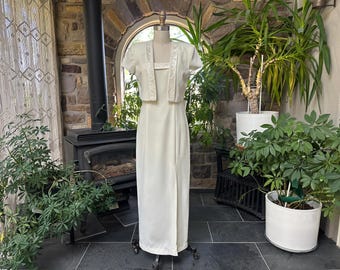 Vintage 1990s Formal 2 Piece Ivory Crepe Bead Bridal Wedding Dress J R Nites Deadstock