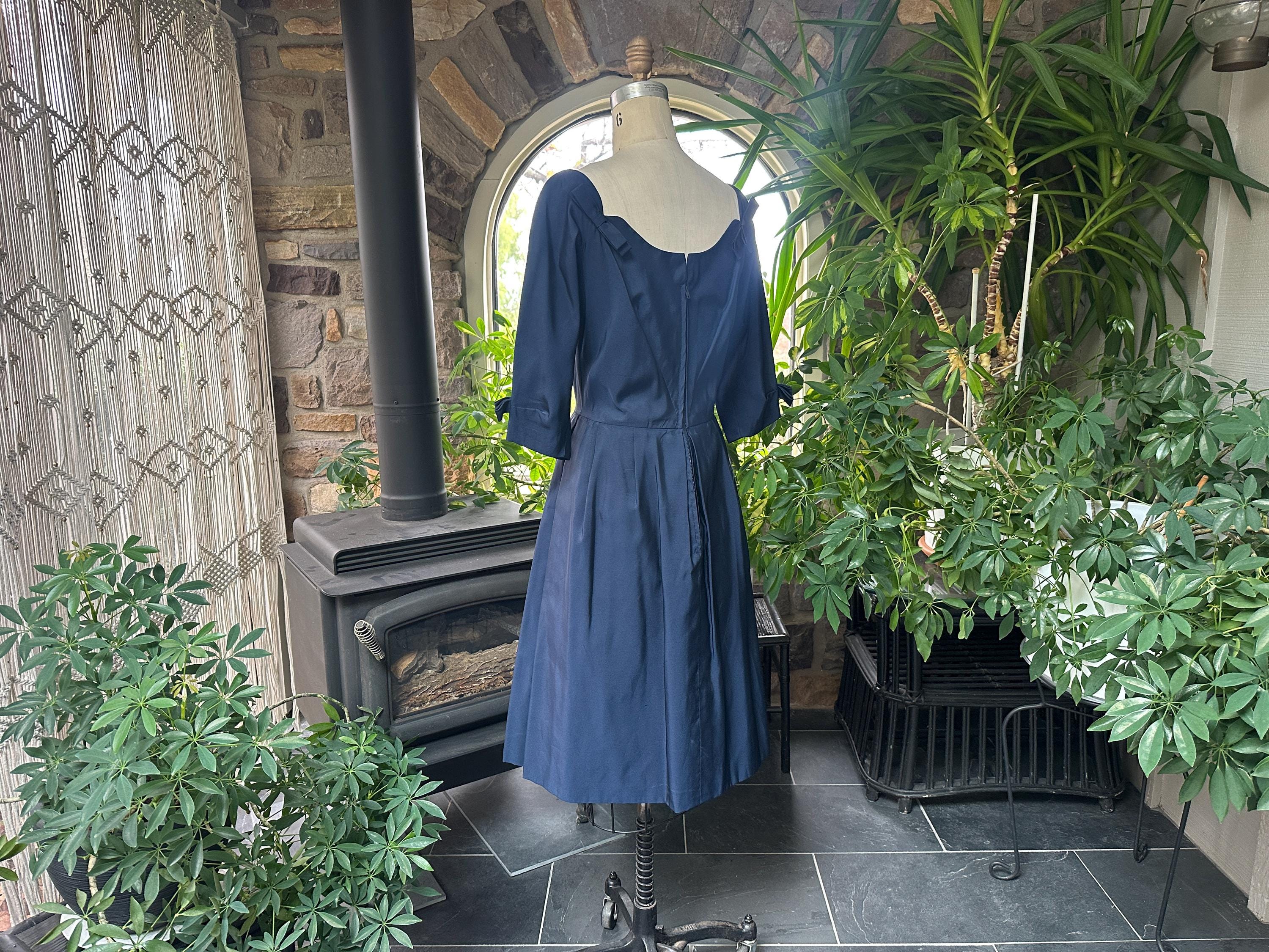 a line dress 1960s Vintage 1960s Navy Blue A Line Dress With Bow Accents