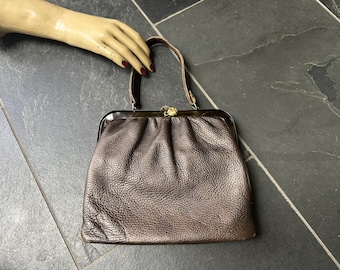 Vintage 1960s Brown Pebble Leather Top Handle Handbag