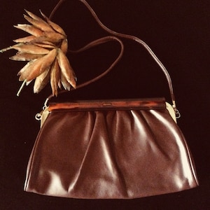 Vintage 1980s Brown Faux Leather Handbag Faux Tortoise Shell Plastic Frame, Vintage Eighties Handbag, Vintage 80s Shoulder Bag