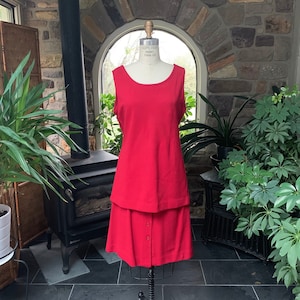 Vintage 1970s Dark Red Knit Tank Top and Skirt Ensemble Queen Casuals, Red Button Front Skirt