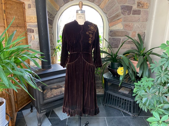 Antique 1930s Brown Silk Velvet Dress Caramel Gla… - image 1