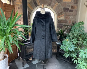 Vintage 1960s Black Faux Fur Coat with Black Mink Collar, Vintage Fur Coat, Vintage Mink Collar Coat, Sixties Black Dress Coat