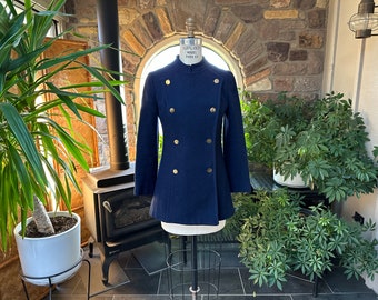 Vintage 1970s Navy Blue Wool Double Breasted Jacket Ladybug Union Label, Blue Wool Double Breasted Fitted Pea Coat