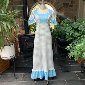 Vintage 1970s Light Blue and White Polka Dot Knit Maxi Dress, Vintage Blue and White Knit Peasant Prairie Dress