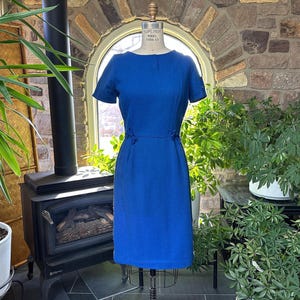 Vintage 1960s Deep Blue Short Sleeve Sheath Dress, Vintage Sixties Jackie O Dress