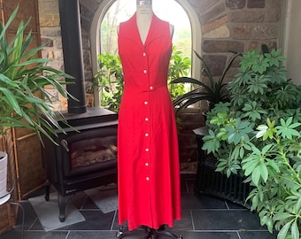 Vintage 1980s Red Sleeveless Fitted Button Front Mid Calf Dress J Taylor NY, Eighties Nineties Red Rayon and Linen Dress