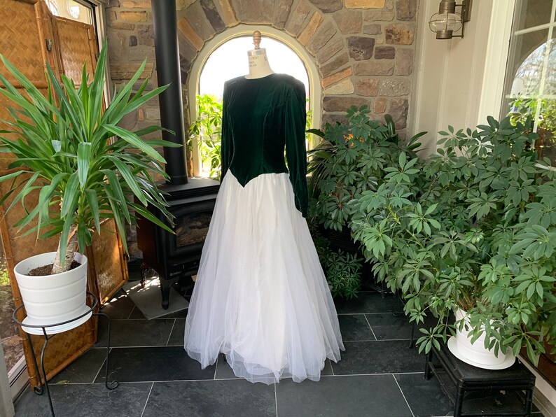 Vintage 1980s Dark Green Velvet White Tulle Formal Dress Open Back Rhinestone Clasp Vintage Eighties Union Label Forest Green Velvet Gown