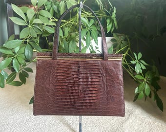 Vintage 1950s Brown Textured Lizard Leather Top Handle Handbag